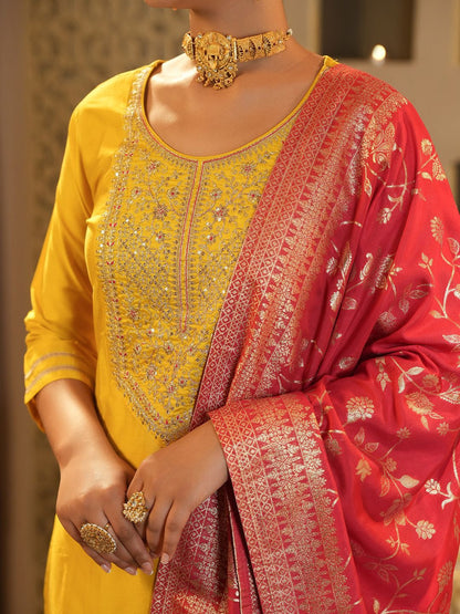 Dhiyona IE Women's Floral Yoke Design Round Neck Zari Straight Kurta & Trousers With Dupatta