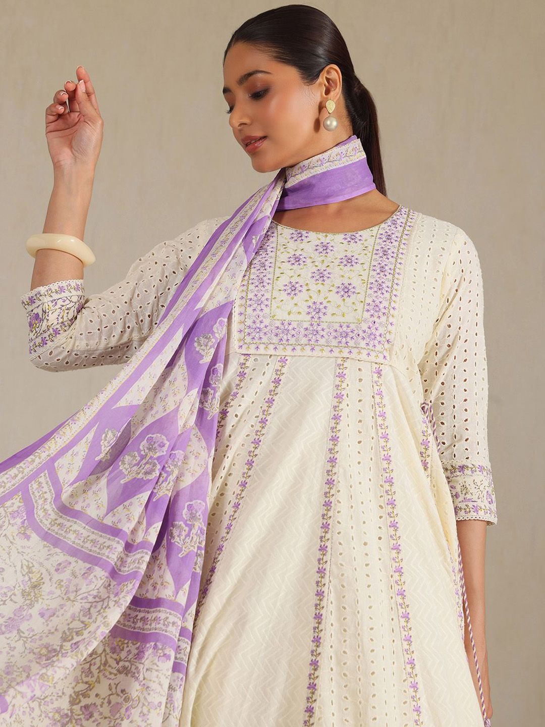 Dhiyona SO Women's Floral Yoke Design Panelled Thread Work A-Line Kurta With Trousers & Dupatta