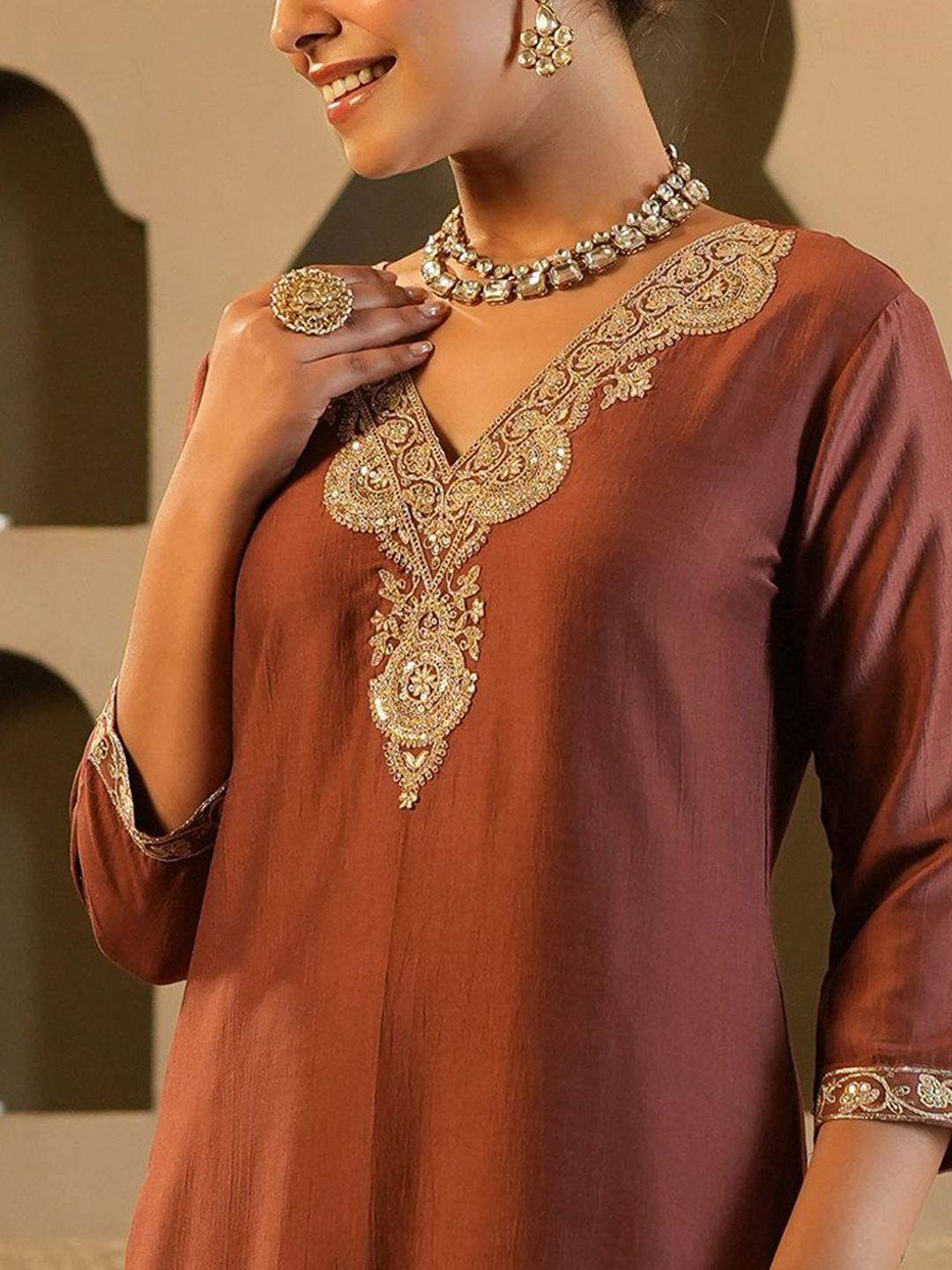 Women Ethnic Motifs Yoke Design Regular Sequinned Kurta with Trousers