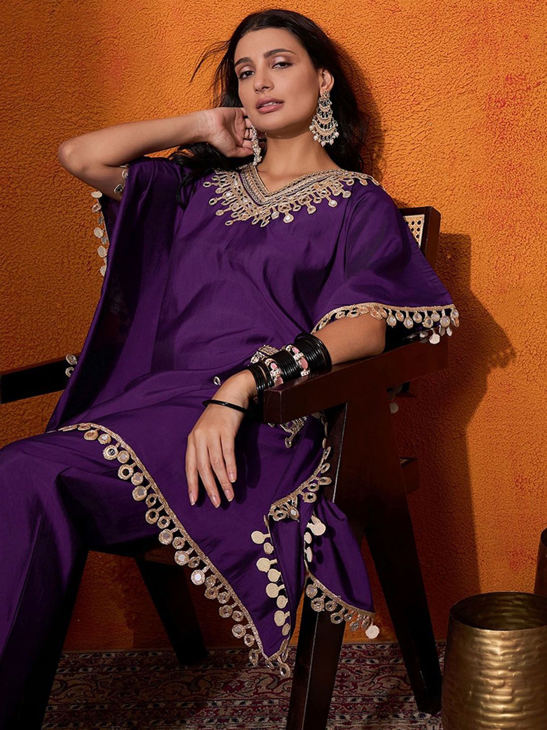 Dhiyona SN Women's Ethnic Motifs Yoke Design Embroidered Kaftan Kurta & Trousers