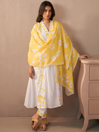 Dhiyona IE Floral Embroidered Thread Work Pure Cotton A-Line Kurta with Trouser & Dupatta