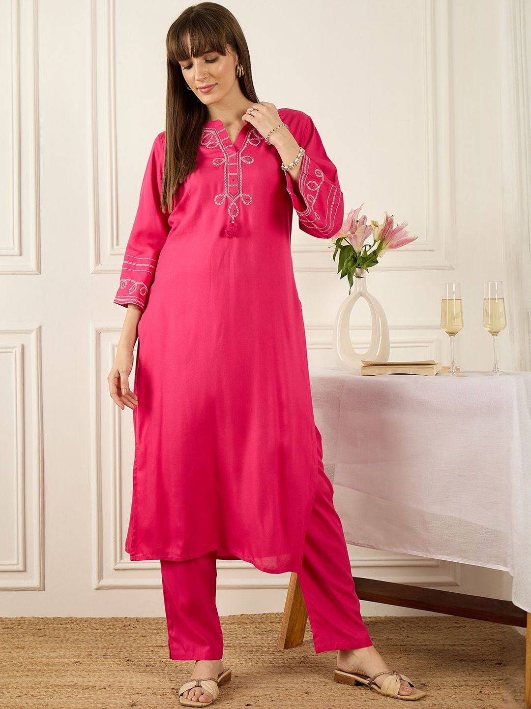 Dhiyona IE Floral Printed Thread Work Pure Cotton Kurta With Palazzos