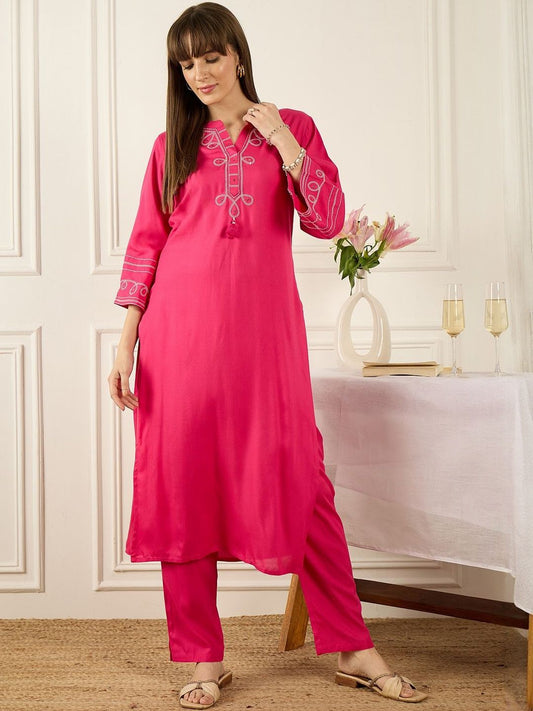 Floral Printed Thread Work Pure Cotton Kurta With Palazzos