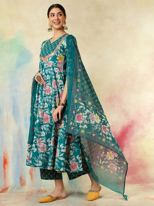 Women's Floral Printed Pure Cotton Anarkali Kurta With Palazzos And Dupatta