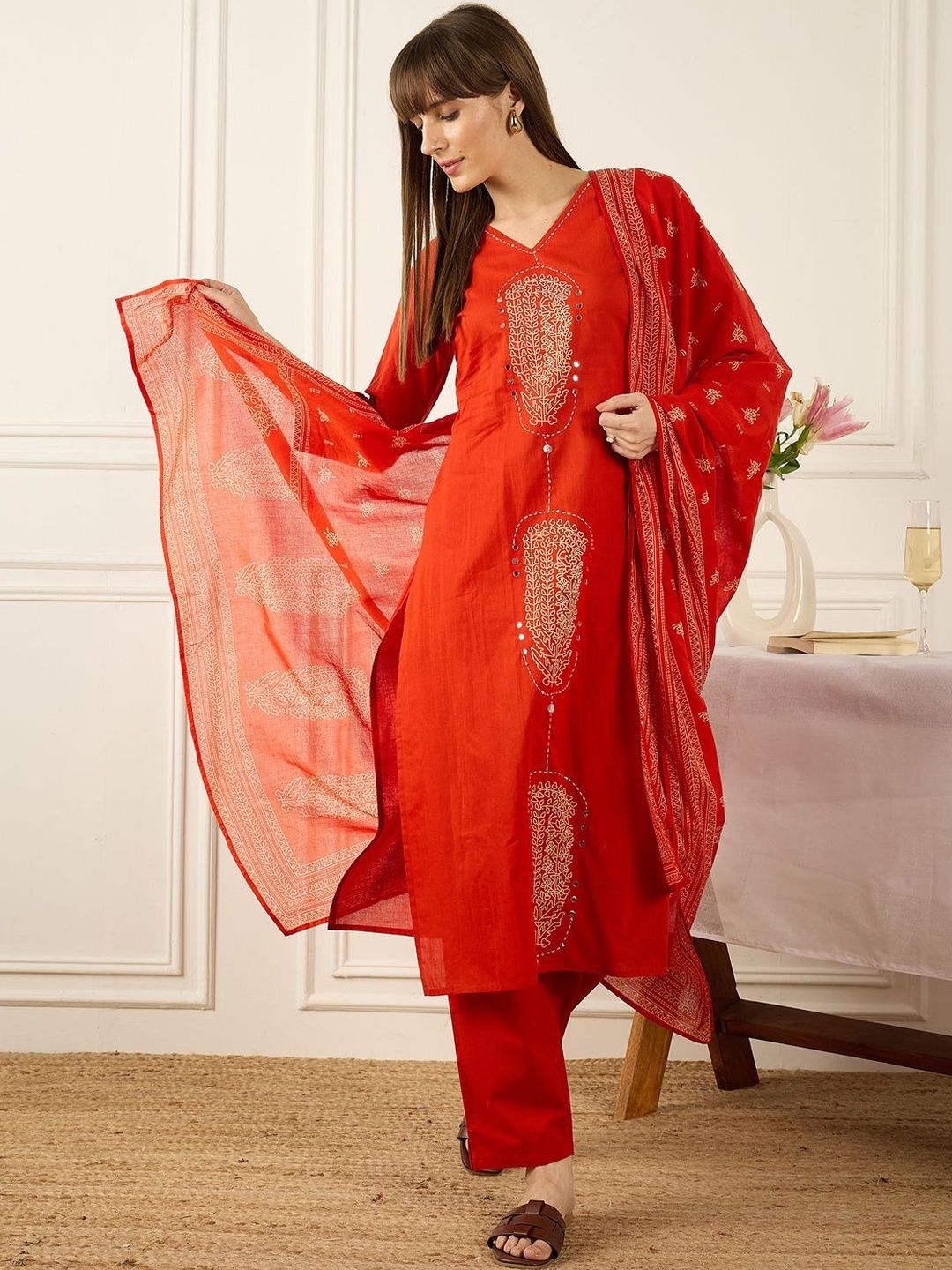 Women Ethnic Motifs Embroidered Regular Mirror Work Pure Cotton Kurta with Trousers & With Dupatta