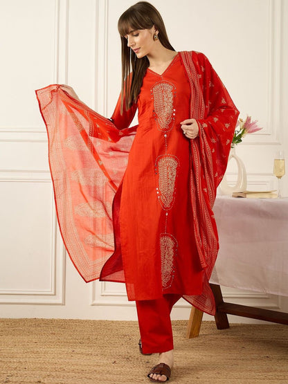 Women Ethnic Motifs Embroidered Regular Mirror Work Pure Cotton Kurta with Trousers & With Dupatta