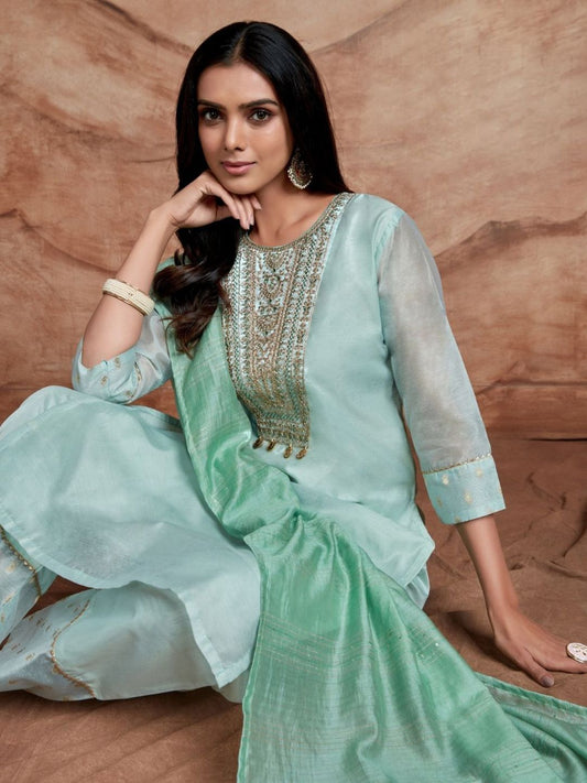 Dhiyona SN Women's Floral Embroidered Sequinned Chanderi Silk Straight Kurta & Palazzo With Dupatta