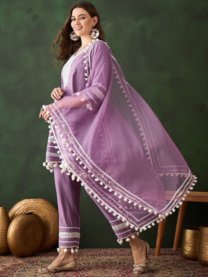 Dhiyona SN Women's Purple Floral Embroidered Mirror Work A-Line Kurta With Trousers & Dupatta
