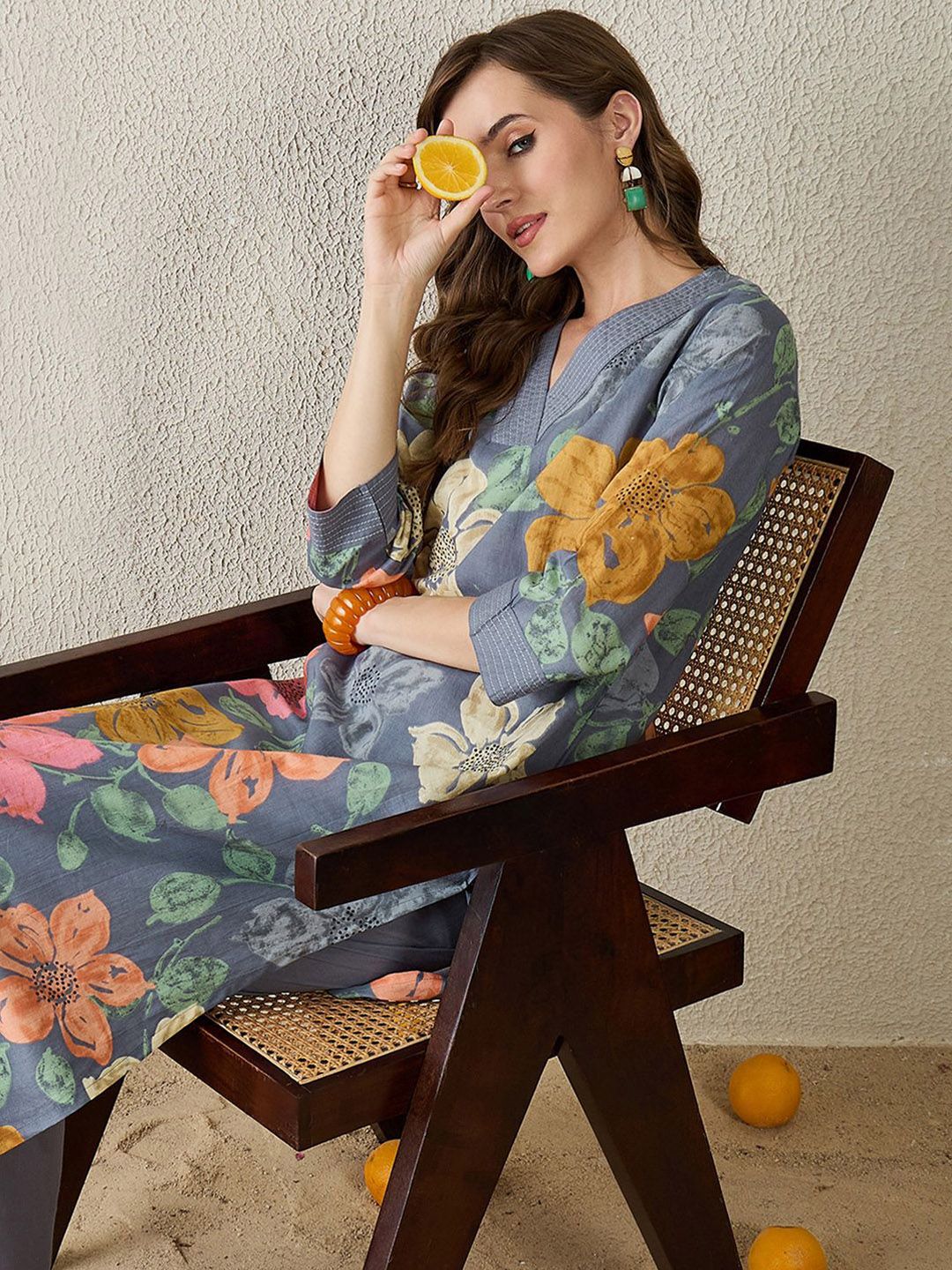 Dhiyona IE Printed V-Neck Pure Cotton Tunic With Trouser