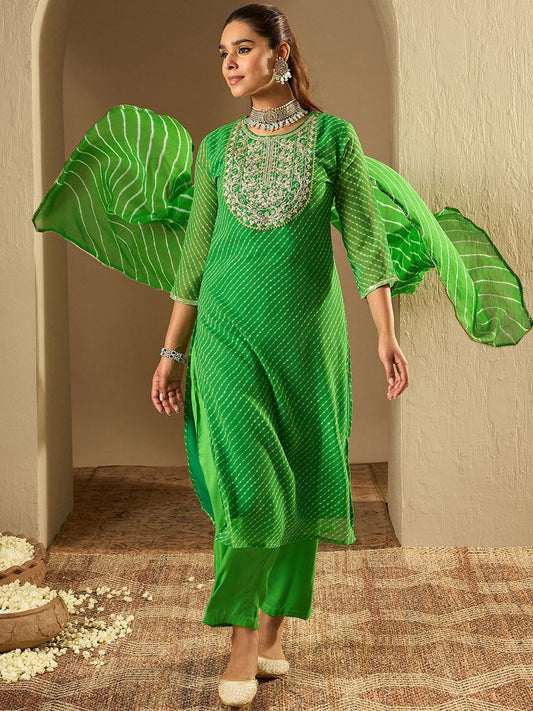 Dhiyona IE Leheriya Printed Straight Sequinned Georgette Kurta with Trousers & Dupatta