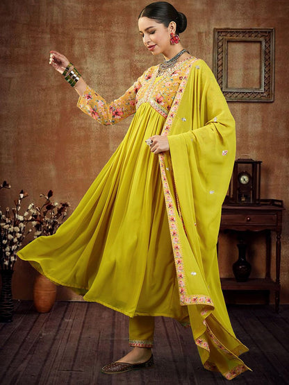 Dhiyona SN Women's Floral Yoke Design Empire Sequinned Georgette A-Line Kurta With Trouser & Dupatta