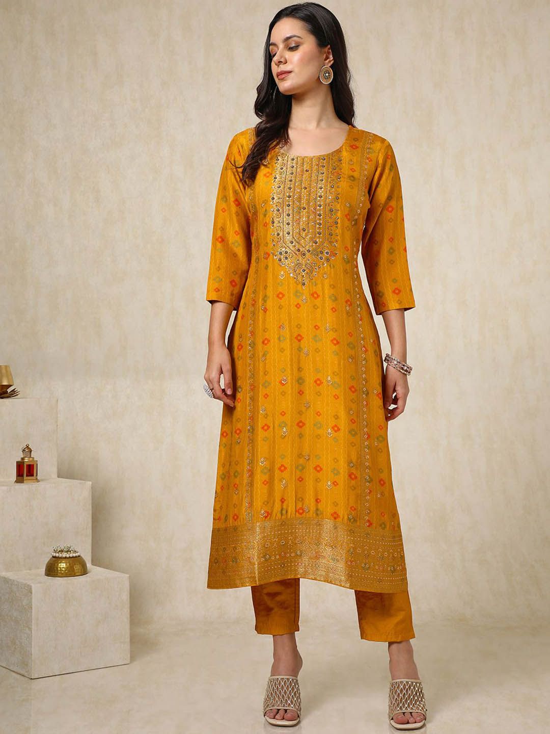 Dhiyona SO Women's Ethnic Motifs Embroidered Beads and Stones Straight Kurta with Trousers & Dupatta
