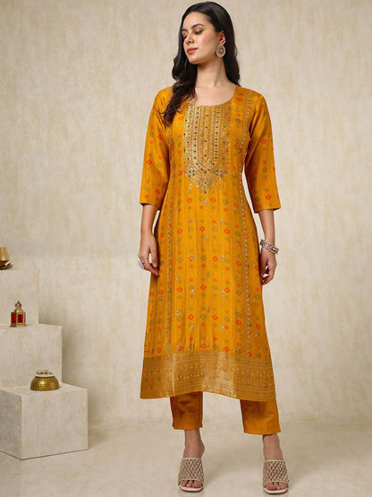 Dhiyona SO Women's Ethnic Motifs Embroidered Beads and Stones Straight Kurta with Trousers & Dupatta