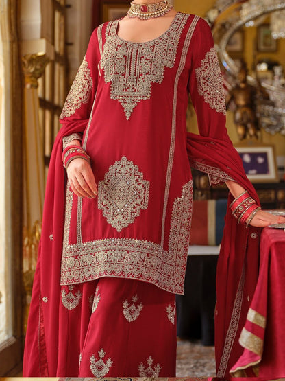 Ethnic Motifs Embroidered Chinon Beads & Stones Kurta With Palazzos & Dupatta