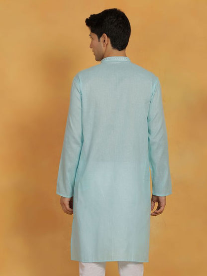 Men's Aqua Cotton Straight Kurta