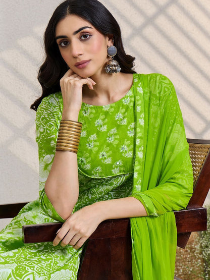 Women Floral Printed Cotton A-Line Kurta with Trousers & Dupatta