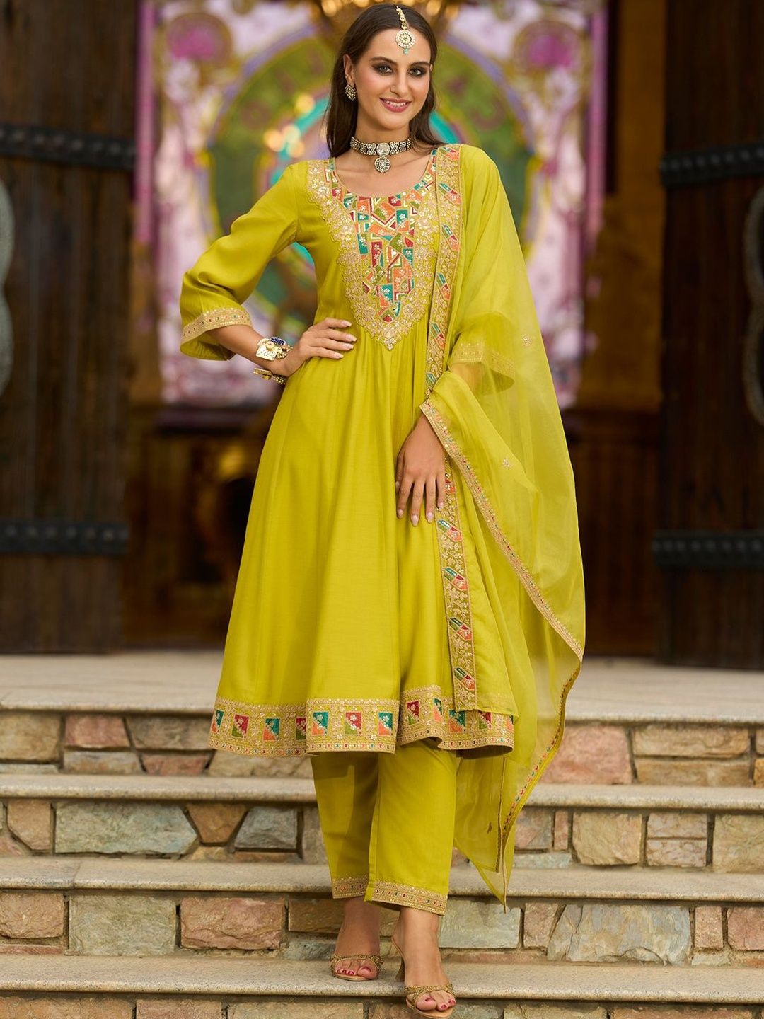Dhiyona IE Ethnic Motifs Embroidered Thread Work A-Line Kurta with Trousers & With Dupatta