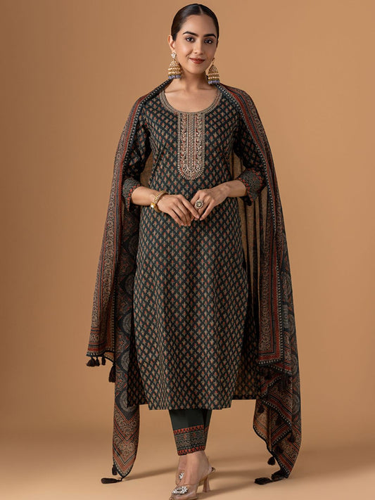 Dhiyona WP Women Ethnic Motifs Printed Cotton Kurta with Trousers & Dupatta