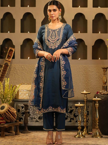 Dhiyona IE Women's Women Embroidered Regular Kurta with Trousers & Dupatta