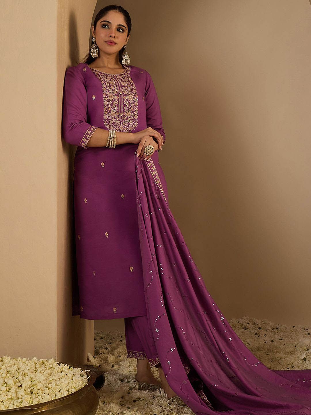 Dhiyona IE Women's Ethnic Motifs Embroidered Thread Work Straight Kurta With Trousers & Dupatta
