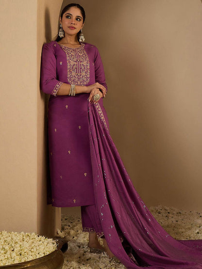 Dhiyona IE Women's Ethnic Motifs Embroidered Thread Work Straight Kurta With Trousers & Dupatta