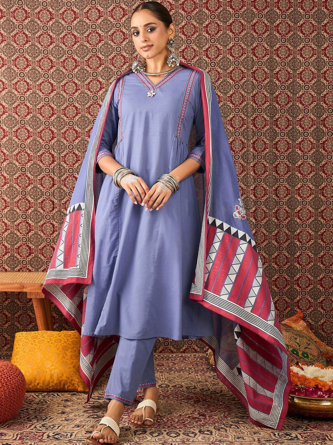 Women Solid Cotton A-Line Kurta with Trousers & Dupatta