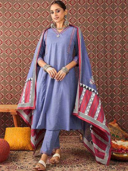 Women Solid Cotton A-Line Kurta with Trousers & Dupatta