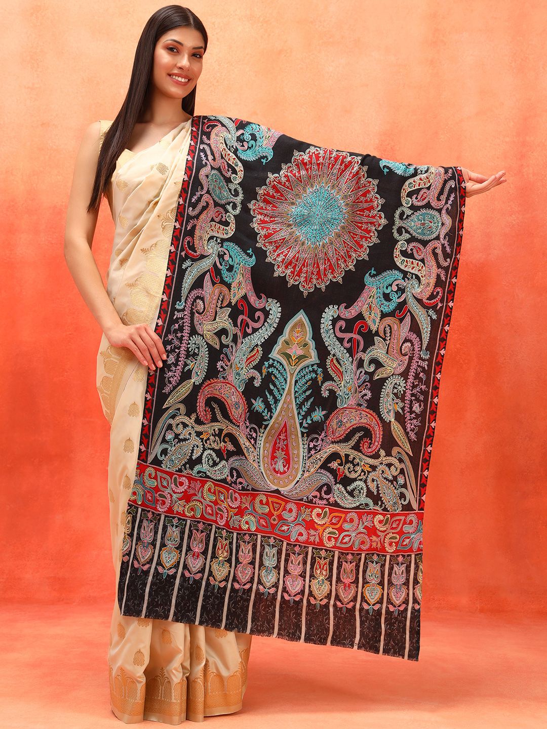 Dhiyona PA Ethnic Motifs Embroidered Woolen Shawl