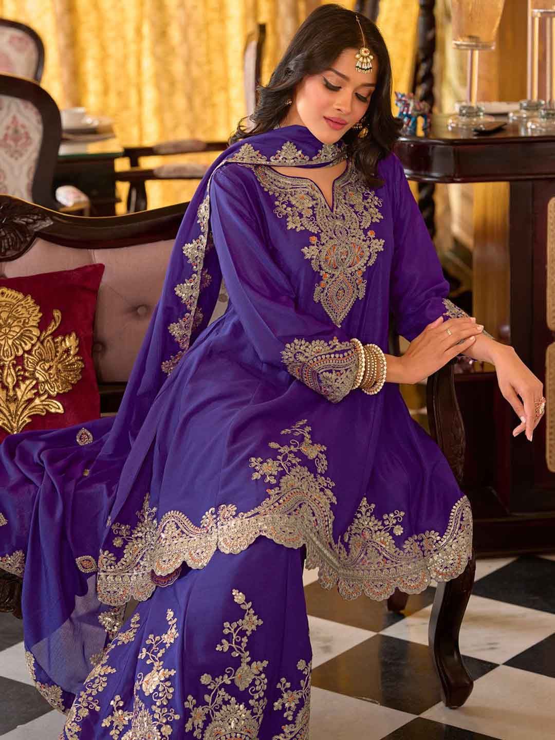 Floral Embroidered Sequinned Chinon A-Line Kurta With Palazzos & Dupatta