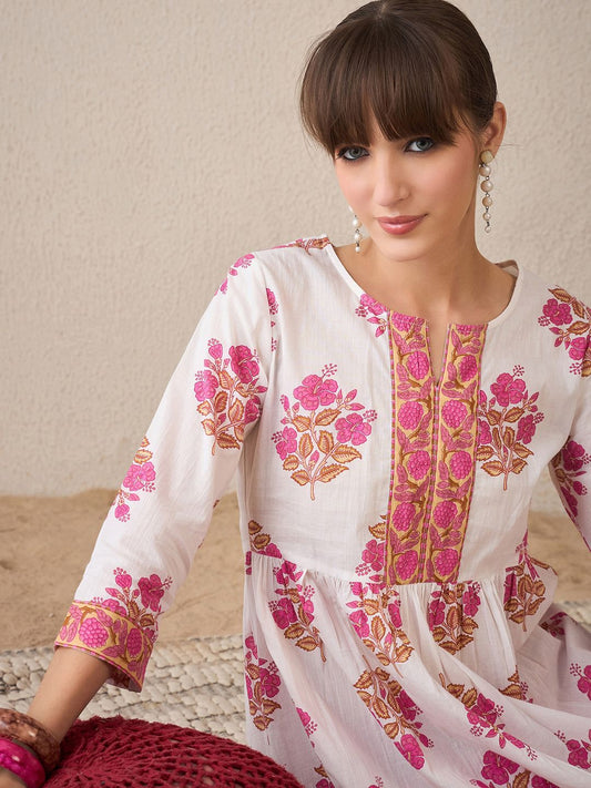 Dhiyona IE Floral Printed Notch Neck Empire Pure Cotton A-Line Kurta With Trouser