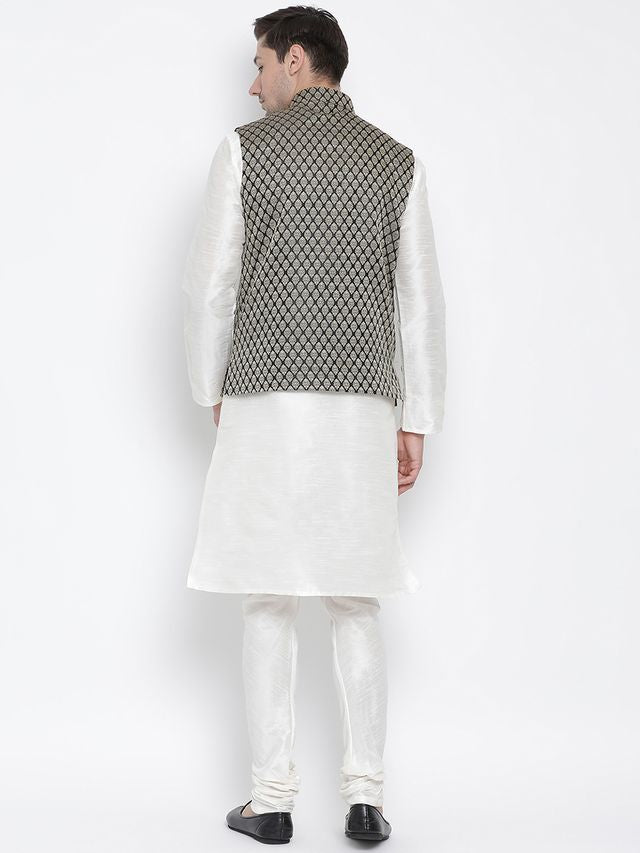 Men's Cream Silk Blend Straight Jacket  Kurta and Pyjama Set