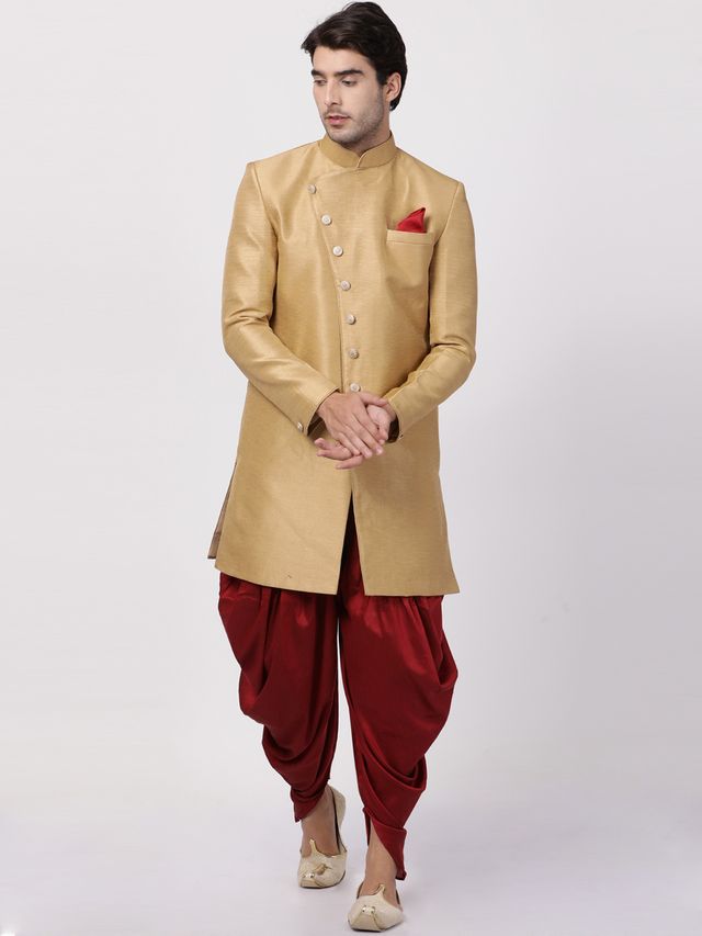 Men's Beige Silk Blend Straight Sherwani Set