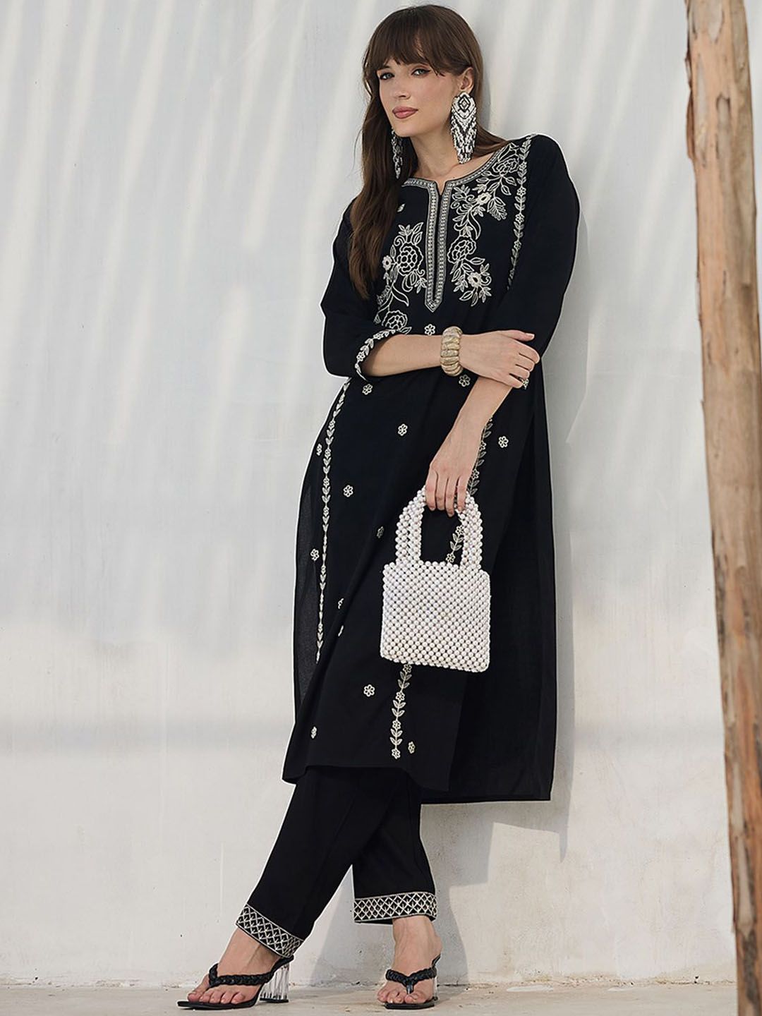 Dhiyona IE Embroidered Pure Cotton Round Neck Top With Trousers Co-Ords