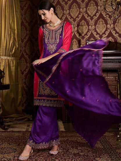 Dhiyona CH Ethnic Motifs Embroidered Thread Work Kurta With Palazzos & Dupatta