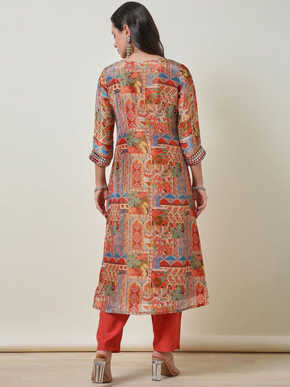 Dhiyona SO Women's Ethnic Motifs Printed Mirror Work Tissue Straight Kurta With Trouser