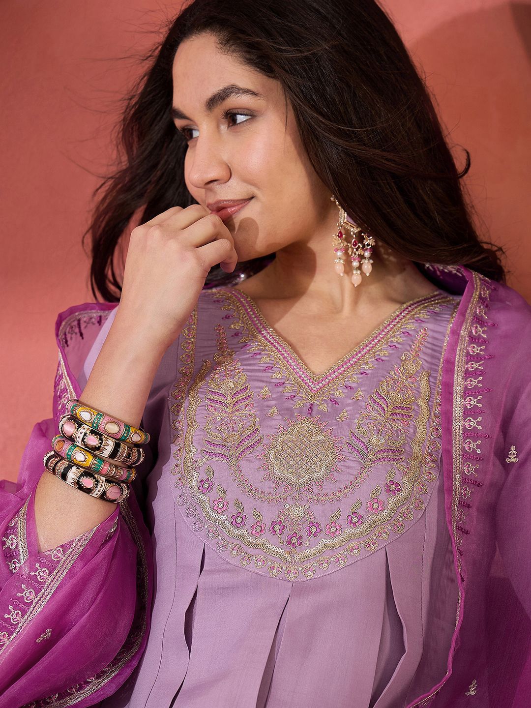 Dhiyona SN Women's Embroidered Zari Sequence Kurta With Trousers & Dupatta
