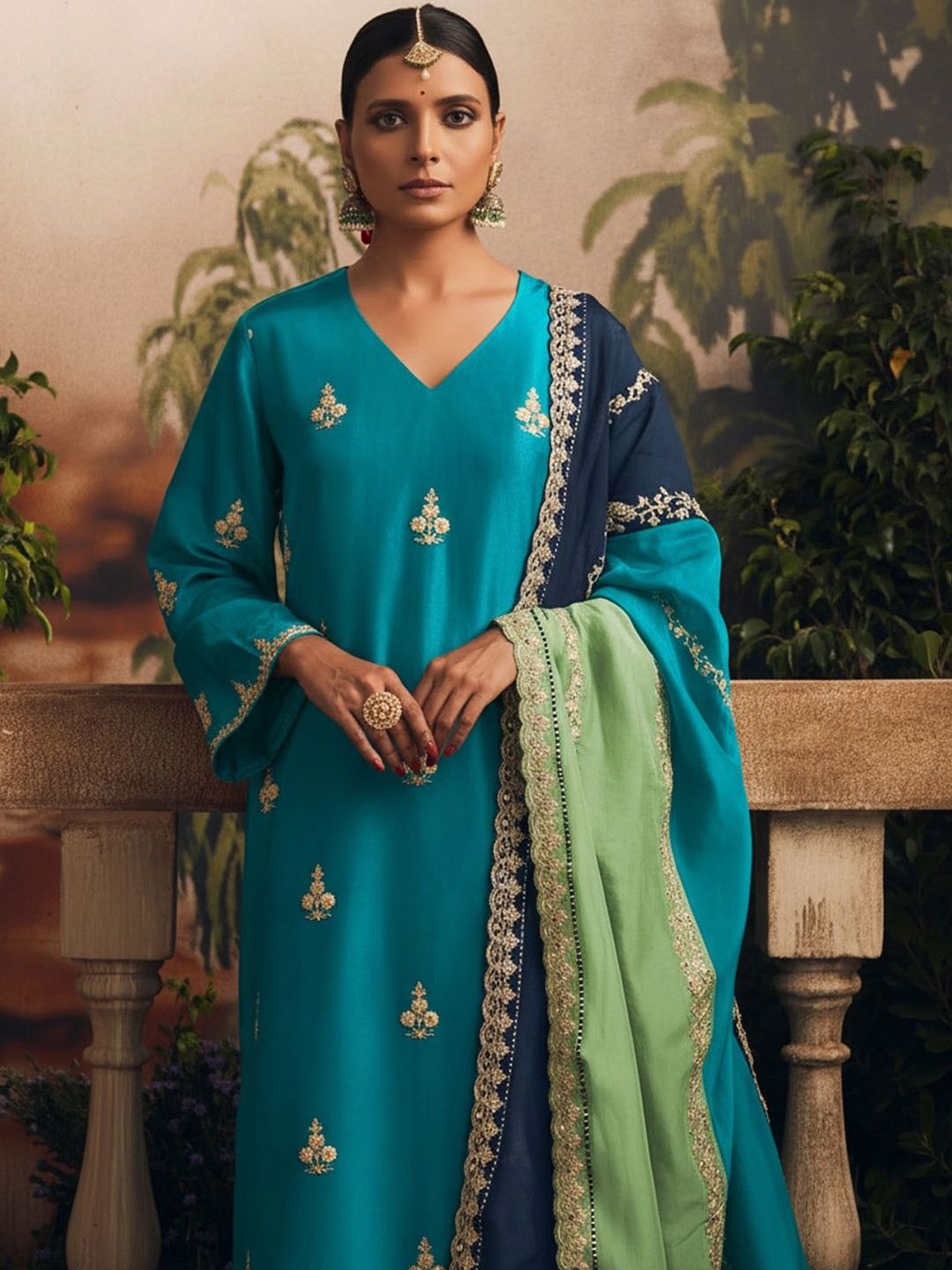 Floral Embroidered V-Neck Thread Work Straight Kurta With Churidar & Dupatta