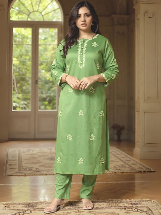 Dhiyona IE Floral Embroidered Round Neck Tunic With Trousers
