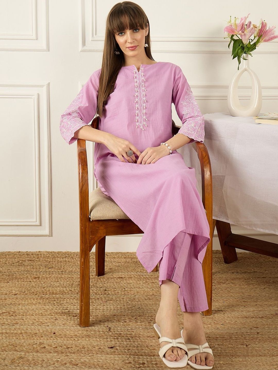 Dhiyona IE Embroidered Round Neck Three-Quarter Sleeves Pure Cotton Tunic And Trousers