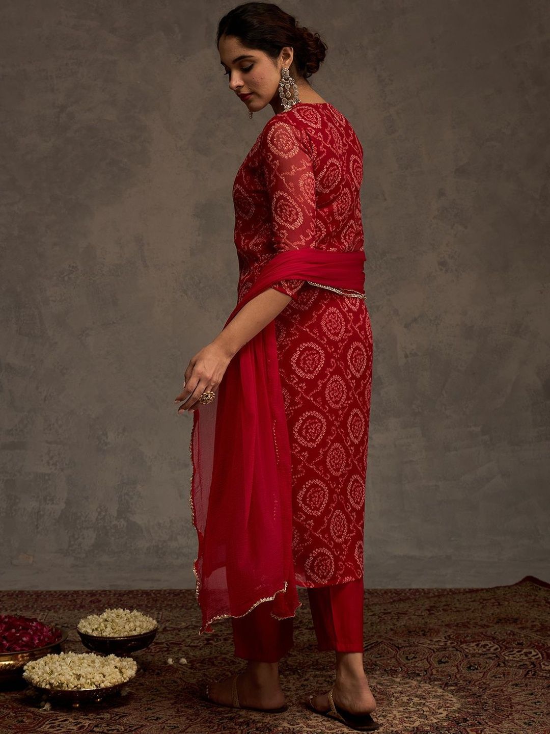 Bandhani Printed Straight Sequinned Work Kurta With Trousers & Dupatta