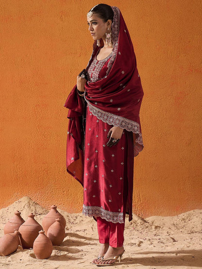 Dhiyona IE Ethnic Motifs Embroidered Thread Work Straight Kurta With Trousers & Dupatta