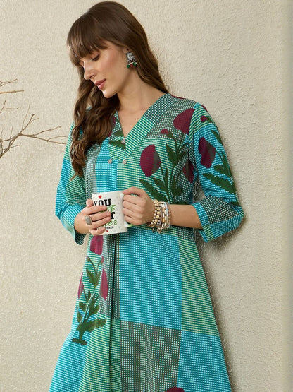 Floral Printed Pure Cotton A Line Kurta With Trousers