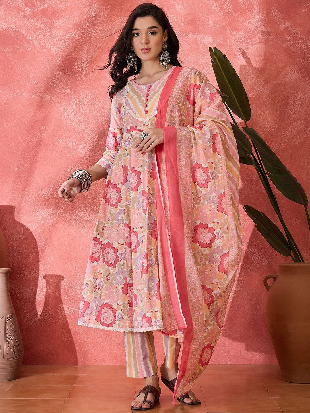 Dhiyona SN Women's Floral Printed Pure Cotton Round Neck Kurta Trouser With Dupatta Set