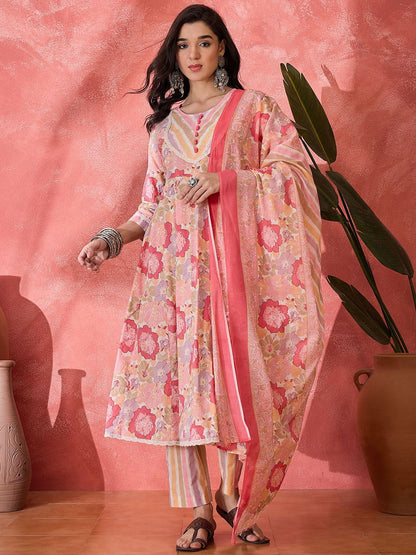 Dhiyona SN Women's Floral Printed Pure Cotton Round Neck Kurta Trouser With Dupatta Set