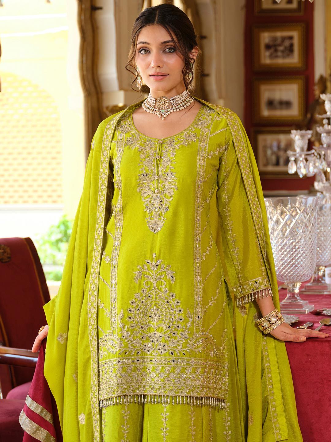 Women Ethnic Motifs Embroidered Regular Mirror Work Kurta with Palazzos & Dupatta