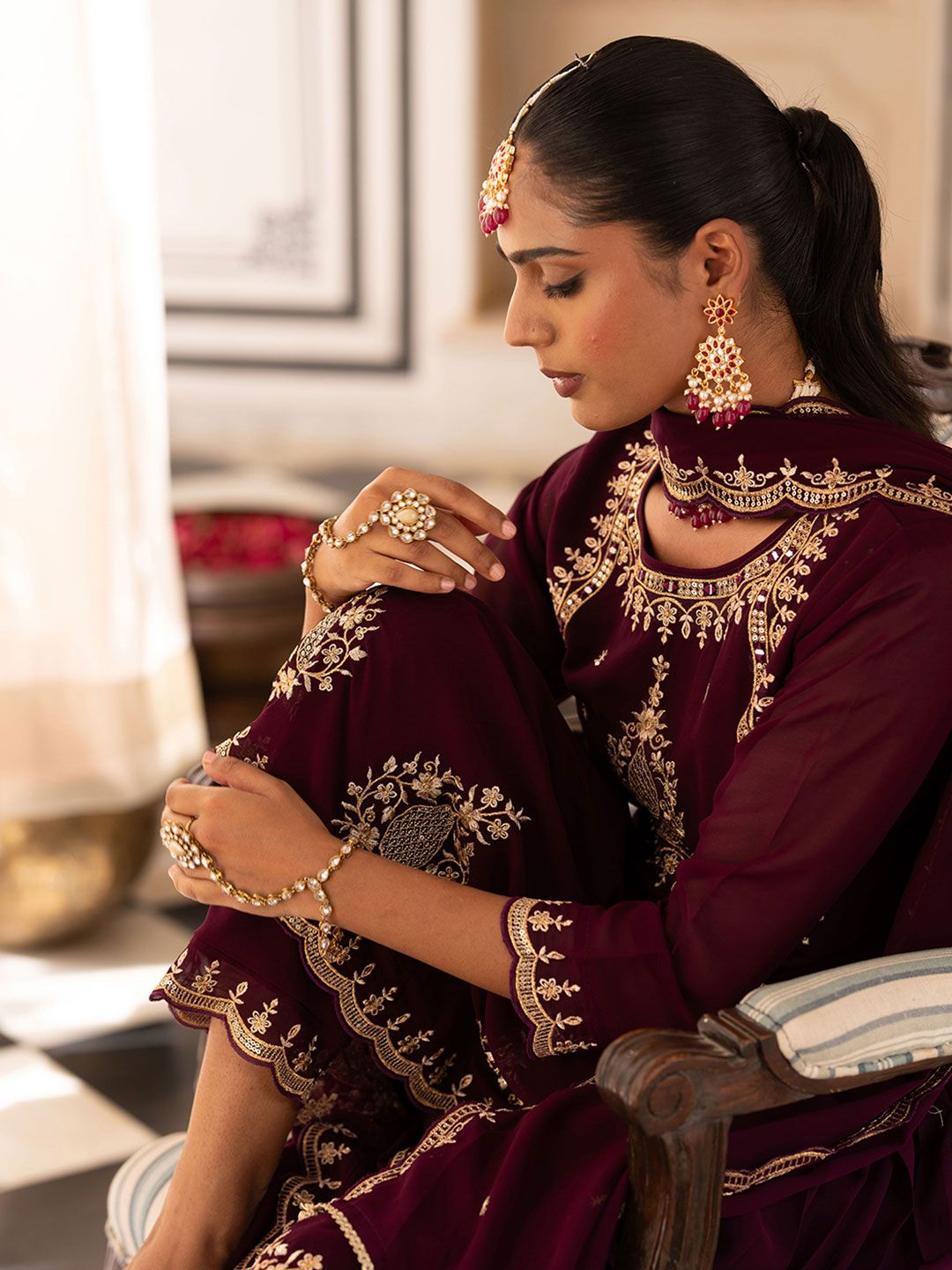 Dhiyona CH Floral Embroidered Mirror Work Georgette Anarkali Kurta with Trousers & Dupatta