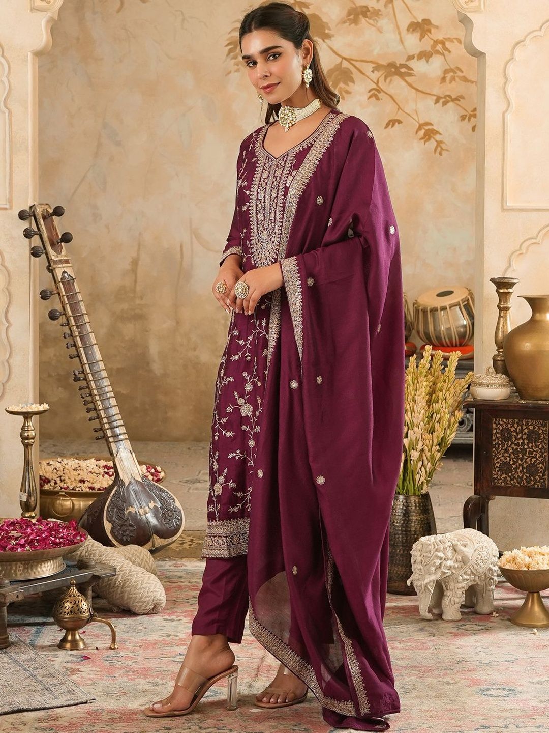 Floral Embroidered Kurta With Trouser & With Dupatta