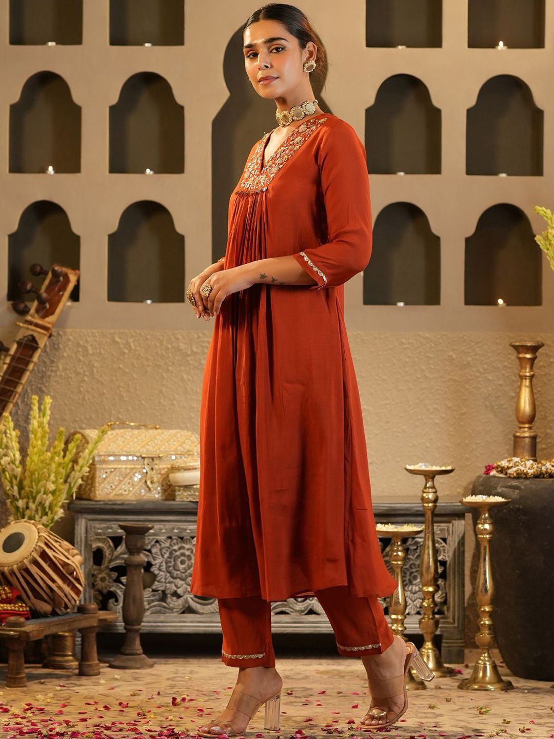 Floral Yoke Design V Neck Zari Chanderi Silk A-Line Kurta & Trousers