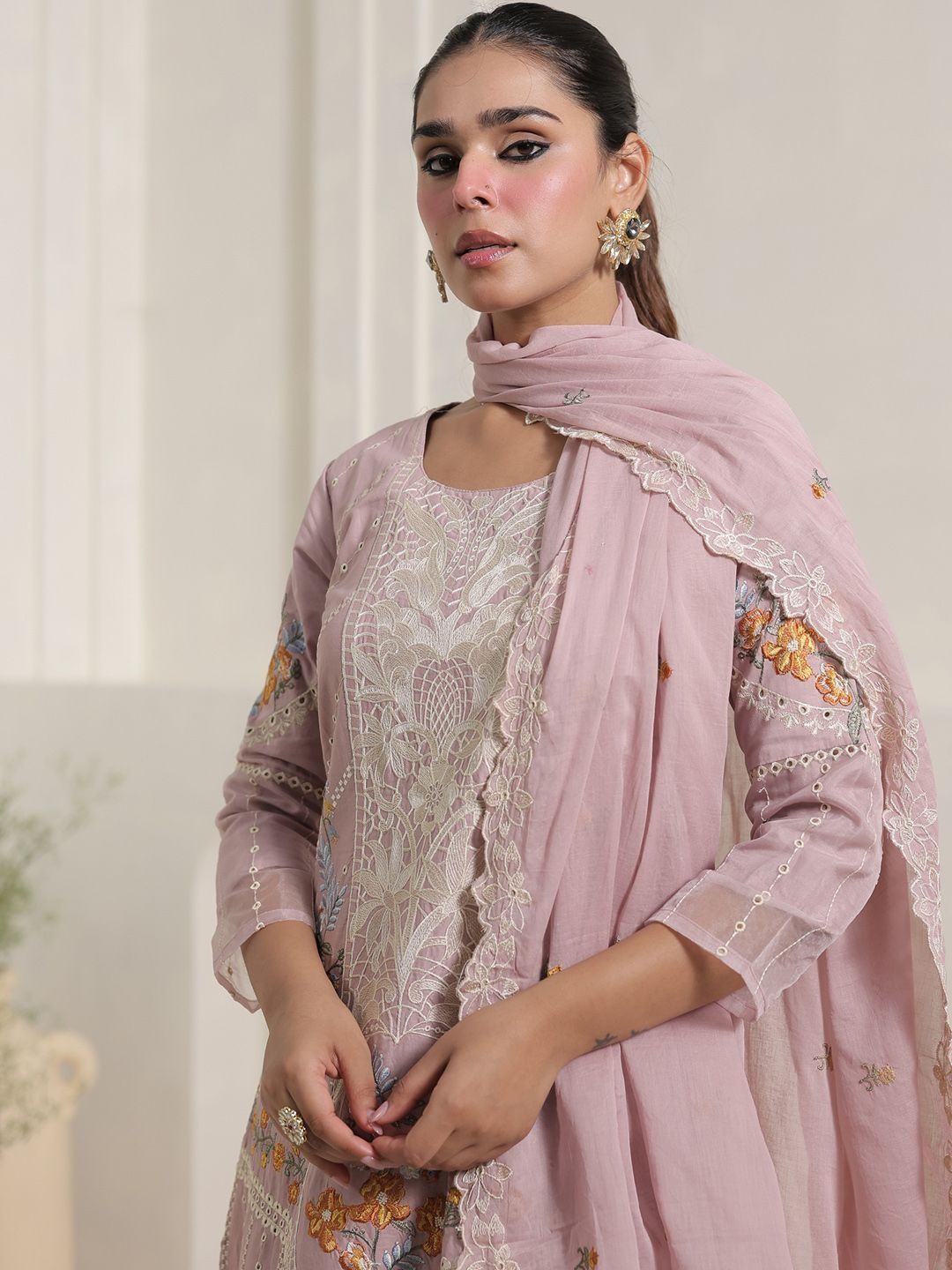Women Floral Embroidered Sequinned Pure Cotton Kurta with Trousers & Dupatta