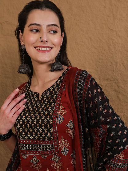 Dhiyona SN Women's Printed Pure Cotton Round Neck Straight Kurta & Palazzo With Dupatta